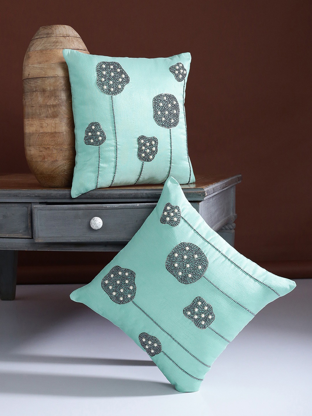 Sea Green & Black Set of 2 Embellished Square Cushion Covers