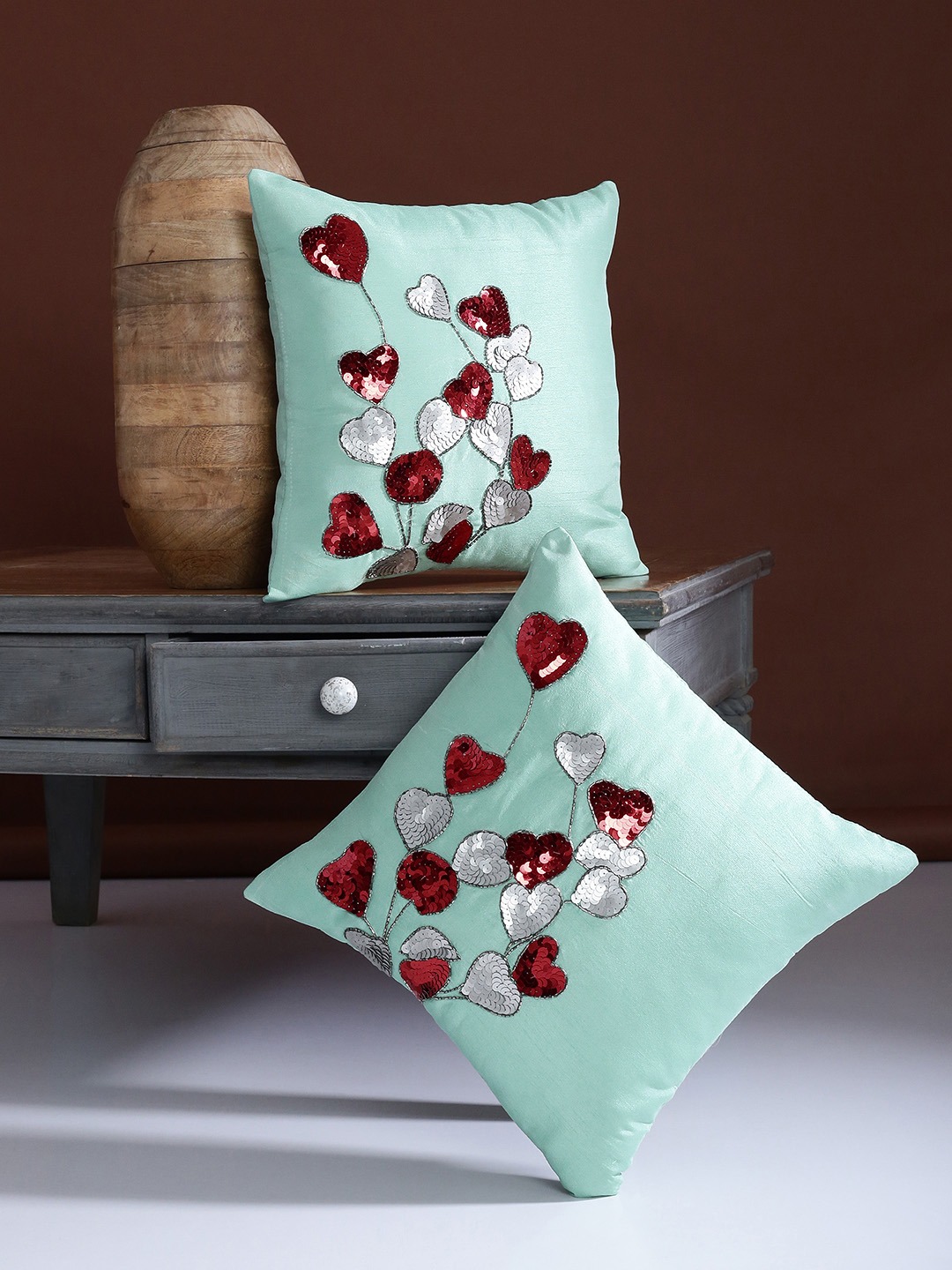 Sea Green Set of 2 Embellished Square Cushion Covers