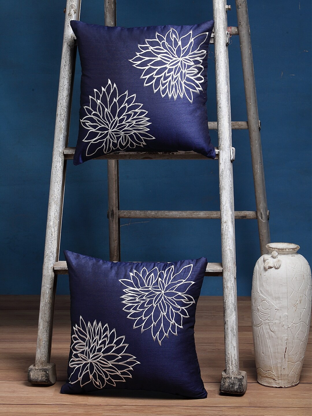 Set of 2 Blue & Yellow Floral Square Cushion Covers