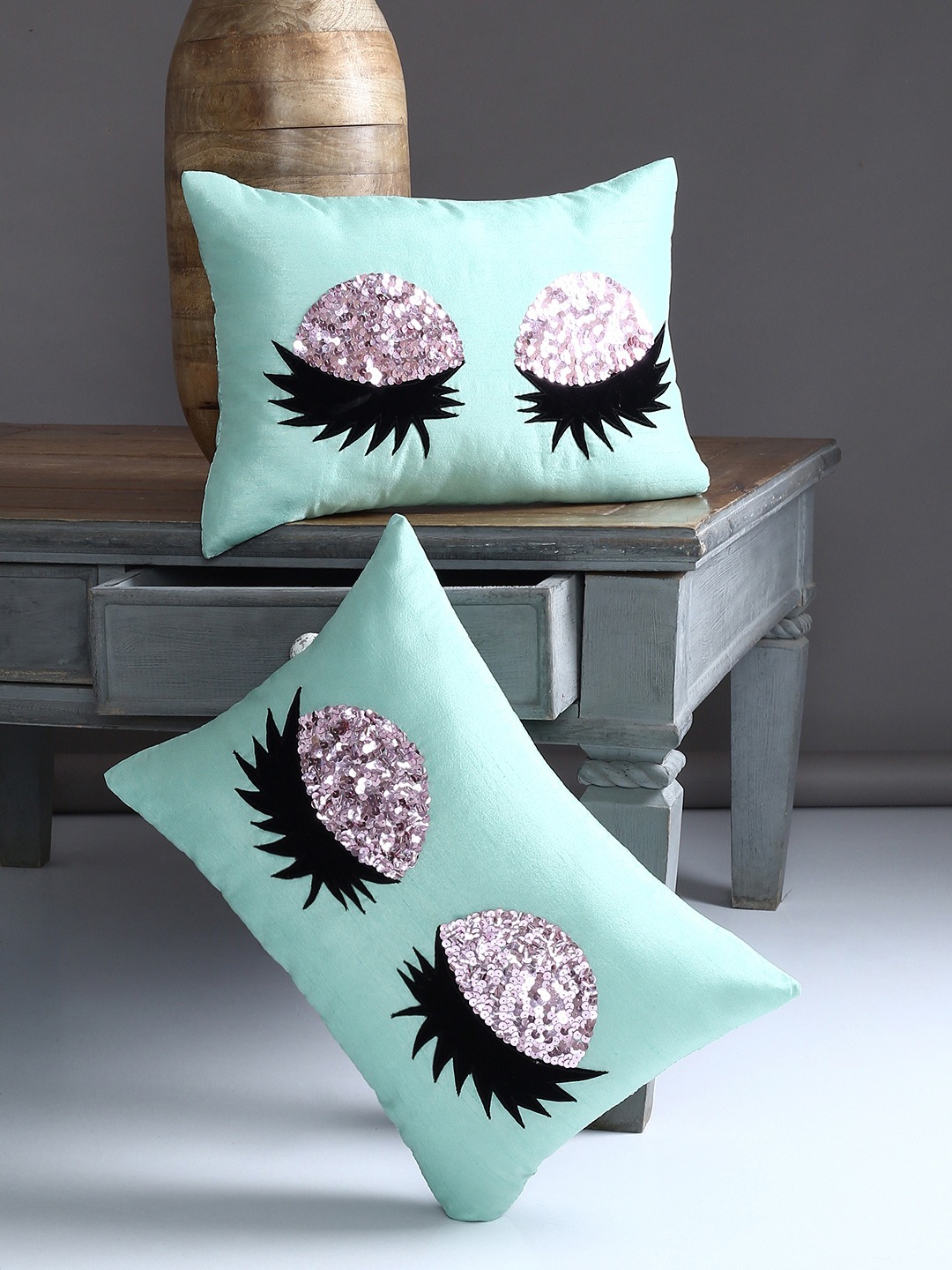 Sea Green & Silver-Toned Set of 2 Abstract Rectangle Cushion Covers