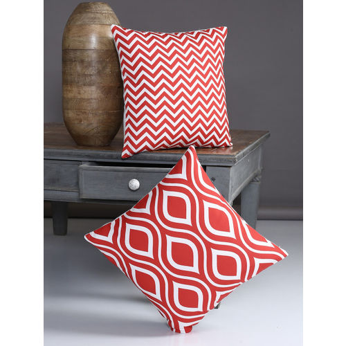 Off-White & Red Set of 2 Geometric Square Cushion Covers
